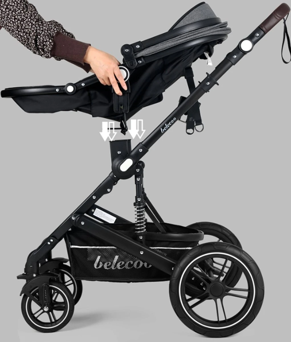 Belecoo - Luxe Kinderwagen - 3-in-1 Buggy - Opklapbare Wandelwagen - Autostoel - Wieg - Multifunctioneel - Zwart 4 Belecoo - Luxe Kinderwagen - 3-in-1 Buggy - Opklapbare Wandelwagen - Autostoel - Wieg - Multifunctioneel - Zwart - Afbeelding 4