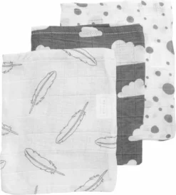 Meyco Hydrofiele Washandjes 3-pack - Feathers-Clouds-Dots - Grijs/Wit