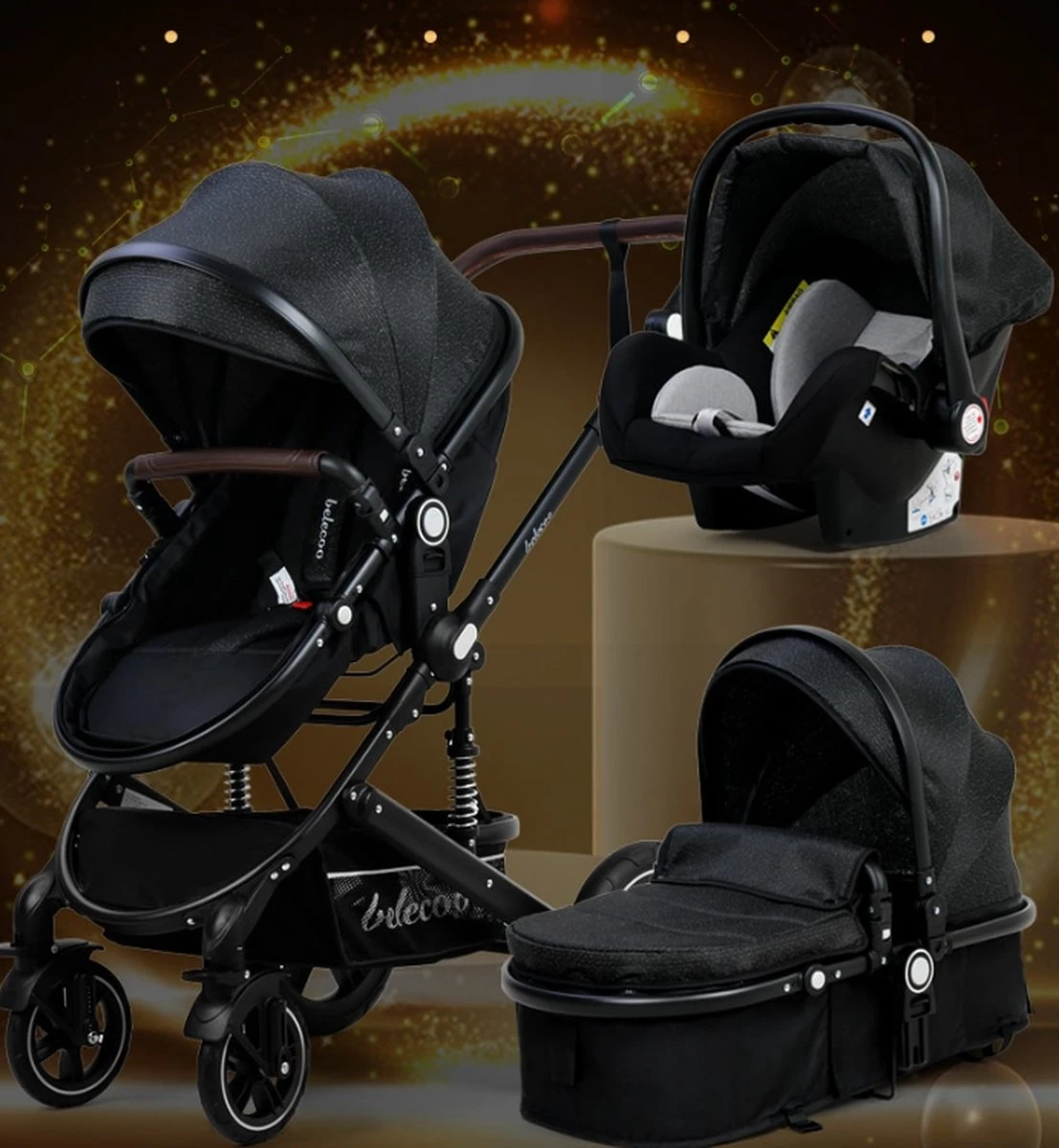 Belecoo - Luxe Kinderwagen - 3-in-1 Buggy - Opklapbare Wandelwagen - Autostoel - Wieg - Multifunctioneel - Zwart 6 Belecoo - Luxe Kinderwagen - 3-in-1 Buggy - Opklapbare Wandelwagen - Autostoel - Wieg - Multifunctioneel - Zwart - Afbeelding 6