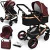 KIDUKU- 3 In 1 Combi-kinderwagen- Bordeaux- Zwart-goud- Buggy Incl. Autostoeltje-regenhoes- Inklapbaar