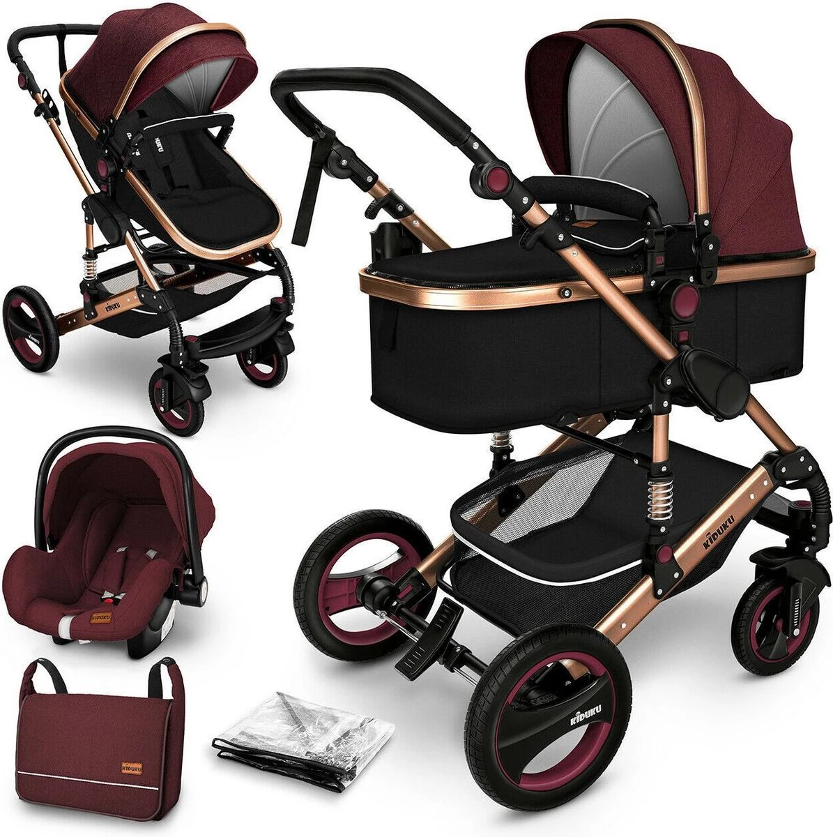 KIDUKU- 3 In 1 Combi-kinderwagen- Bordeaux- Zwart-goud- Buggy Incl. Autostoeltje-regenhoes- Inklapbaar 1 KIDUKU- 3 In 1 Combi-kinderwagen- Bordeaux- Zwart-goud- Buggy Incl. Autostoeltje-regenhoes- Inklapbaar