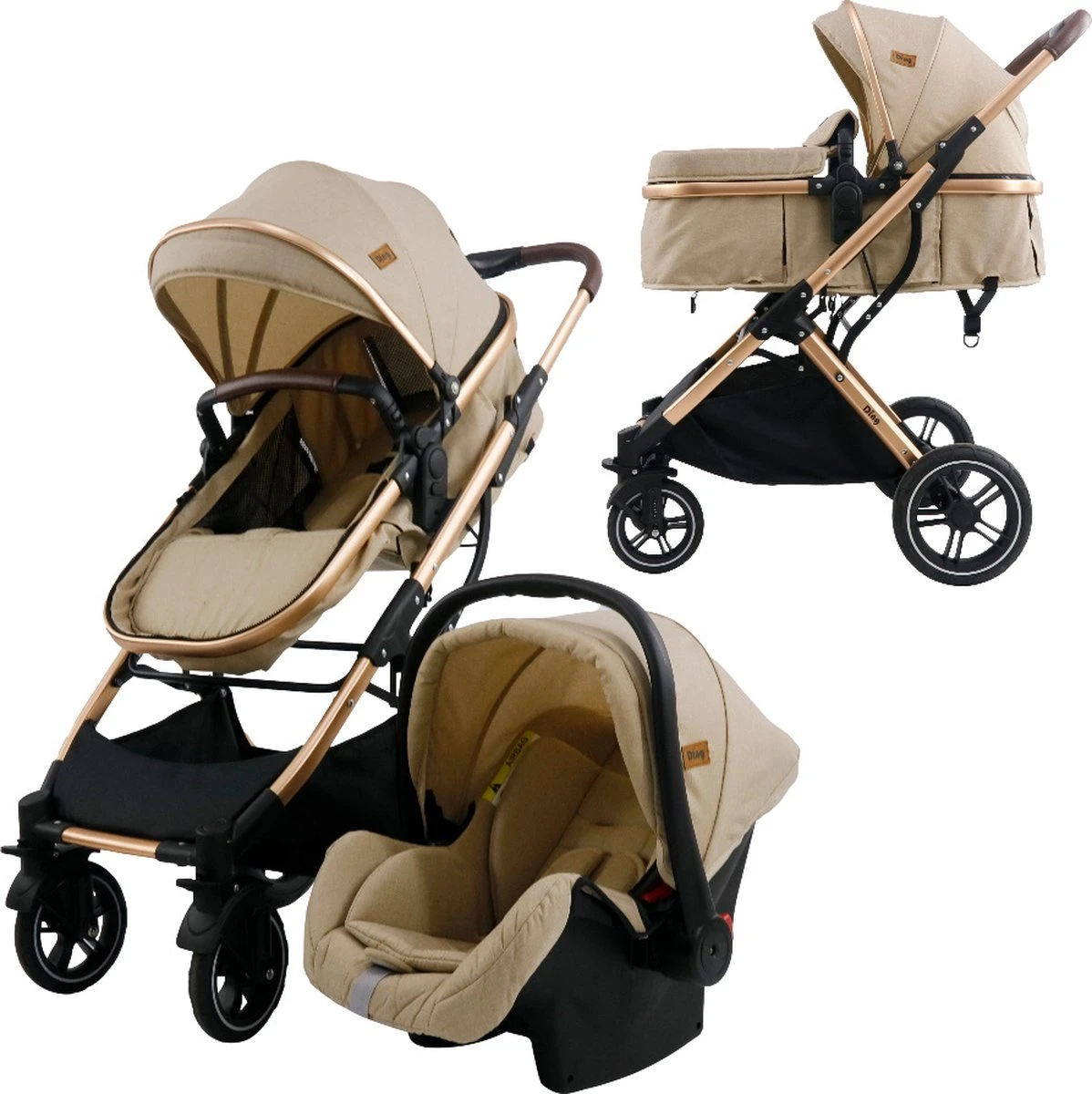 Ding Juna Kinderwagen 3 In 1 - Beige/Rose - Combi Kinderwagen Incl. Autostoel 1 Ding Juna Kinderwagen 3 In 1 - Beige/Rose - Combi Kinderwagen Incl. Autostoel