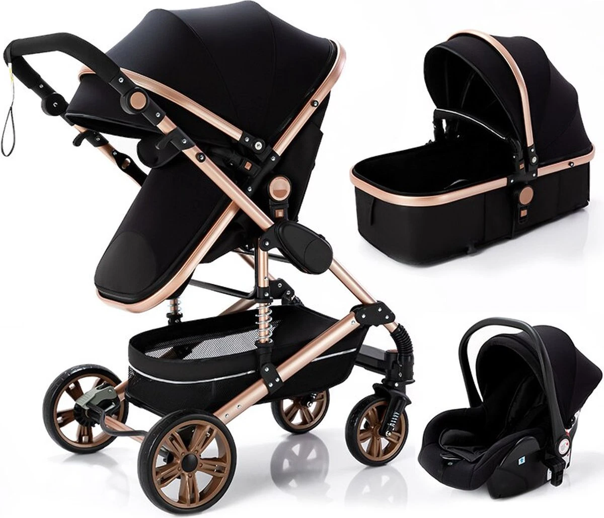 Luxe Kinderwagen 3 In 1 - Wandelwagen - Kinderwagen 3-in-1 Incl Autostoel - Kinderwagen Maxi Cosi – Buggy 3 In 1 - Newborn - Zwart/goud 1 Luxe Kinderwagen 3 In 1 - Wandelwagen - Kinderwagen 3-in-1 Incl Autostoel - Kinderwagen Maxi Cosi – Buggy 3 In 1 - Newborn - Zwart/goud