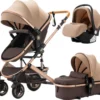 Merkloos Luxe 3-in-1 Kinderwagen - Wandelwagen - Autostoeltje - Buggy - Inklapbaar - Khaki/Bruin - 0-36 Maanden