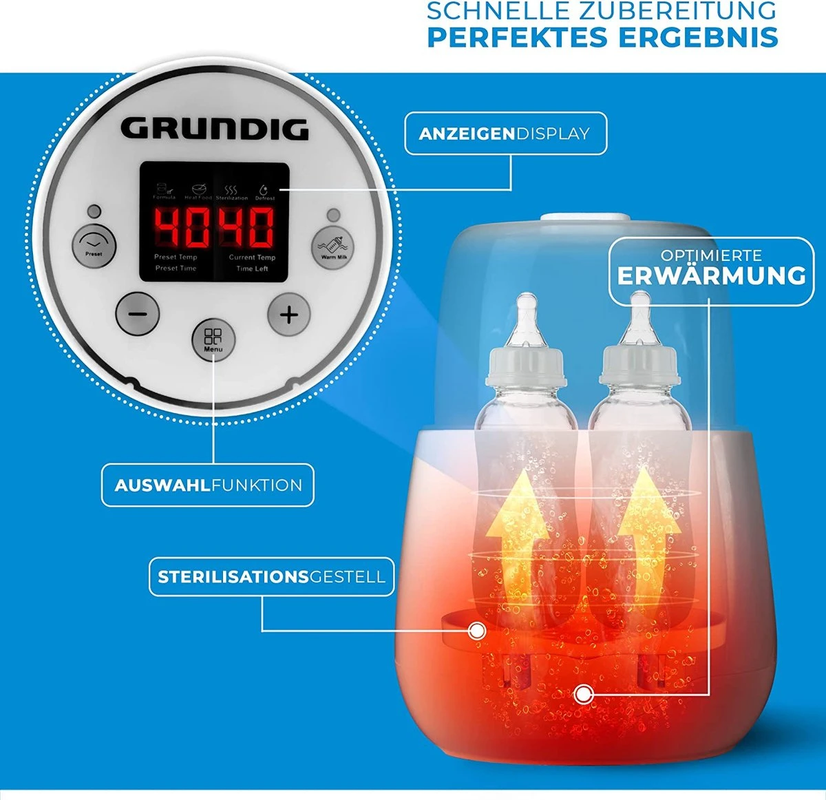 Grundig Flessenwarmer - Dubbele Flesverwarmer - 200W - Ruimte Voor 2 Babyflessen - Verwarmen, Ontdooien En Steriliseren - Incl. Stoomkap - Wit 5 Grundig Flessenwarmer - Dubbele Flesverwarmer - 200W - Ruimte Voor 2 Babyflessen - Verwarmen, Ontdooien En Steriliseren - Incl. Stoomkap - Wit - Afbeelding 5