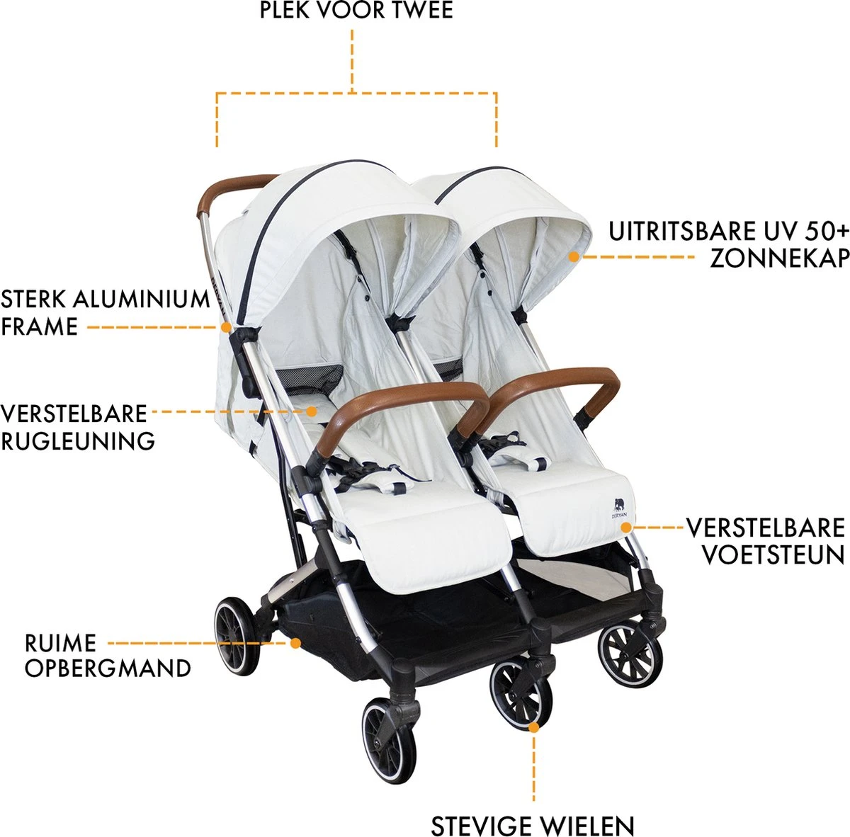 Deryan Luxe Rolo X2 Dubbele Buggy - Duo Buggy - Creme 12 Deryan Luxe Rolo X2 Dubbele Buggy - Duo Buggy - Creme - Afbeelding 12