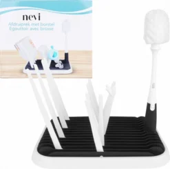 Nevi Afdruiprek Met Lekbak - Afdruipmat Voor 10 Flessen - Opvouwbaar Droogrek Babyfles - Inclusief Afwasborstel