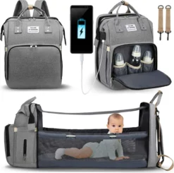 Product Plaza - Luier- En Verzorgingstas - Baby Rug Tas Met Bed - Reis Rugzak - Grote Capaciteit - Jongens En Meisjes - Grijs - Luier Tas - Verzorgingstas Baby - Uitschuifbaar Verschoon/ Slaap Bedje – Multifunctionele Rugzak 0-1 Jaar –