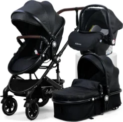 Belecoo - Luxe Kinderwagen - 3-in-1 Buggy - Opklapbare Wandelwagen - Autostoel - Wieg - Multifunctioneel - Zwart