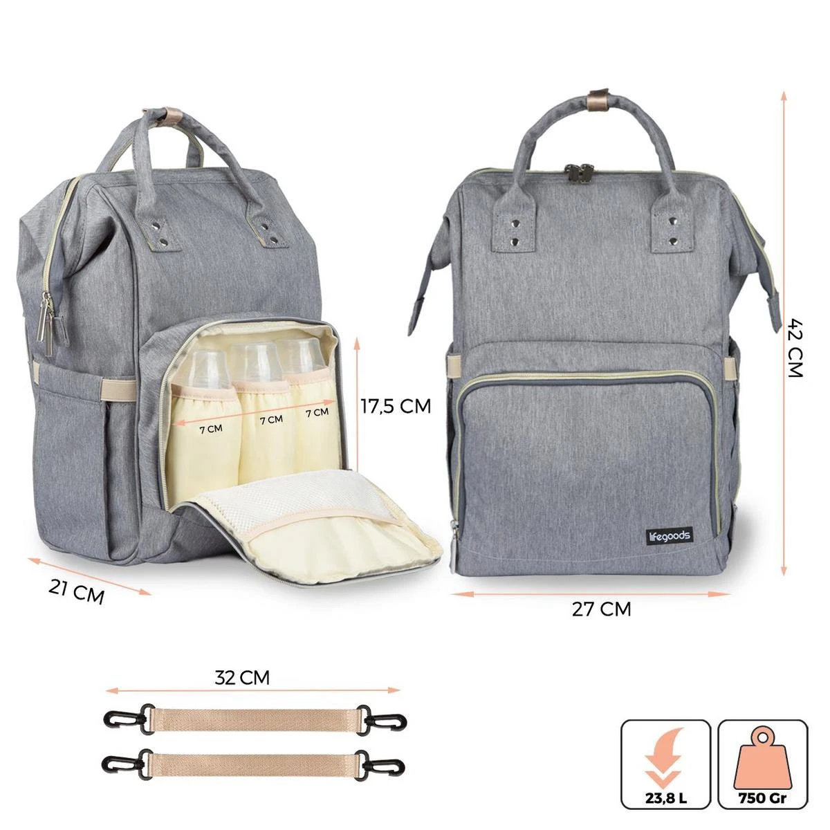 LifeGoods Luiertas Rugzak - Incl. Buggy En Kinderwagen Haken - Complete Set - 23.8 L - Grijs 7 LifeGoods Luiertas Rugzak - Incl. Buggy En Kinderwagen Haken - Complete Set - 23.8 L - Grijs - Afbeelding 7