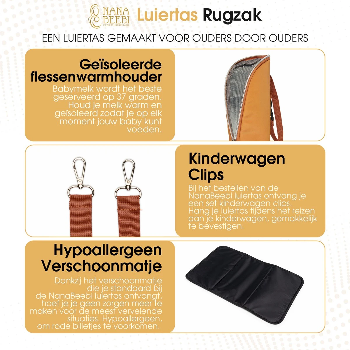 NanaBeebi Luiertas Rugzak Met Verschoonmatje - Cognac - Inclusief Flessenwarmhouder - Kinderwagenhaken En Isoleervak 2 NanaBeebi Luiertas Rugzak Met Verschoonmatje - Cognac - Inclusief Flessenwarmhouder - Kinderwagenhaken En Isoleervak - Afbeelding 2