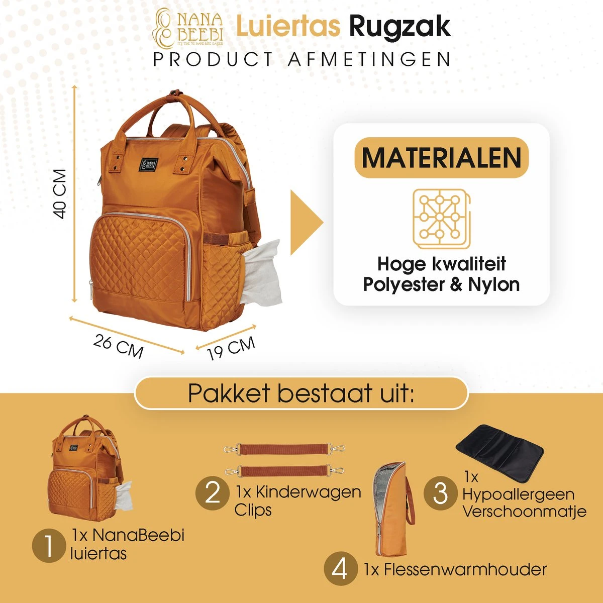 NanaBeebi Luiertas Rugzak Met Verschoonmatje - Cognac - Inclusief Flessenwarmhouder - Kinderwagenhaken En Isoleervak 3 NanaBeebi Luiertas Rugzak Met Verschoonmatje - Cognac - Inclusief Flessenwarmhouder - Kinderwagenhaken En Isoleervak - Afbeelding 3