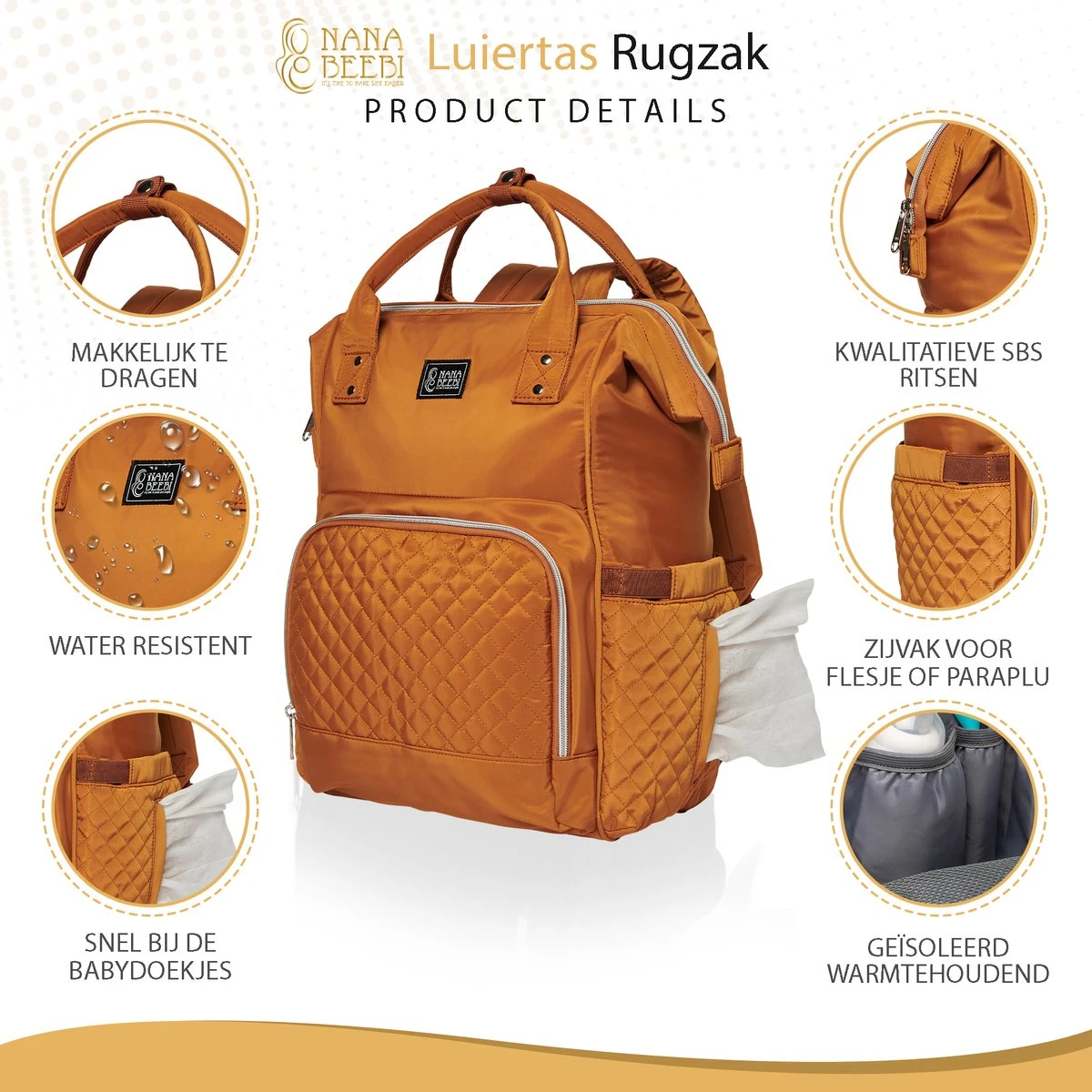 NanaBeebi Luiertas Rugzak Met Verschoonmatje - Cognac - Inclusief Flessenwarmhouder - Kinderwagenhaken En Isoleervak 4 NanaBeebi Luiertas Rugzak Met Verschoonmatje - Cognac - Inclusief Flessenwarmhouder - Kinderwagenhaken En Isoleervak - Afbeelding 4