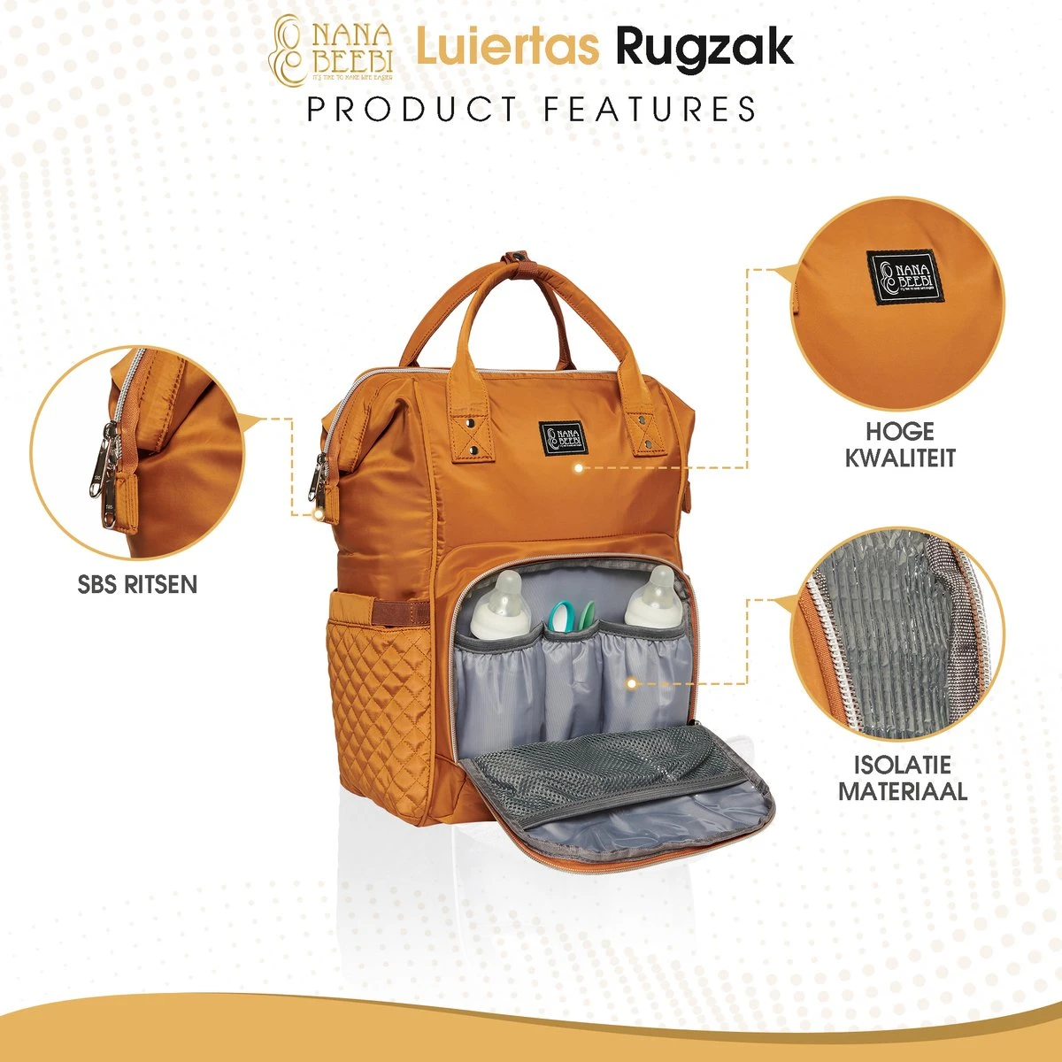 NanaBeebi Luiertas Rugzak Met Verschoonmatje - Cognac - Inclusief Flessenwarmhouder - Kinderwagenhaken En Isoleervak 8 NanaBeebi Luiertas Rugzak Met Verschoonmatje - Cognac - Inclusief Flessenwarmhouder - Kinderwagenhaken En Isoleervak - Afbeelding 8