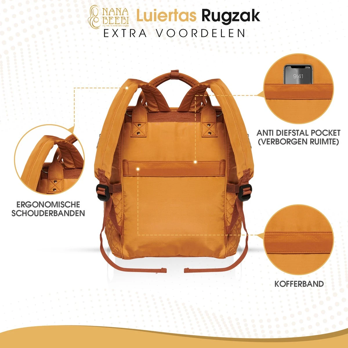 NanaBeebi Luiertas Rugzak Met Verschoonmatje - Cognac - Inclusief Flessenwarmhouder - Kinderwagenhaken En Isoleervak 9 NanaBeebi Luiertas Rugzak Met Verschoonmatje - Cognac - Inclusief Flessenwarmhouder - Kinderwagenhaken En Isoleervak - Afbeelding 9