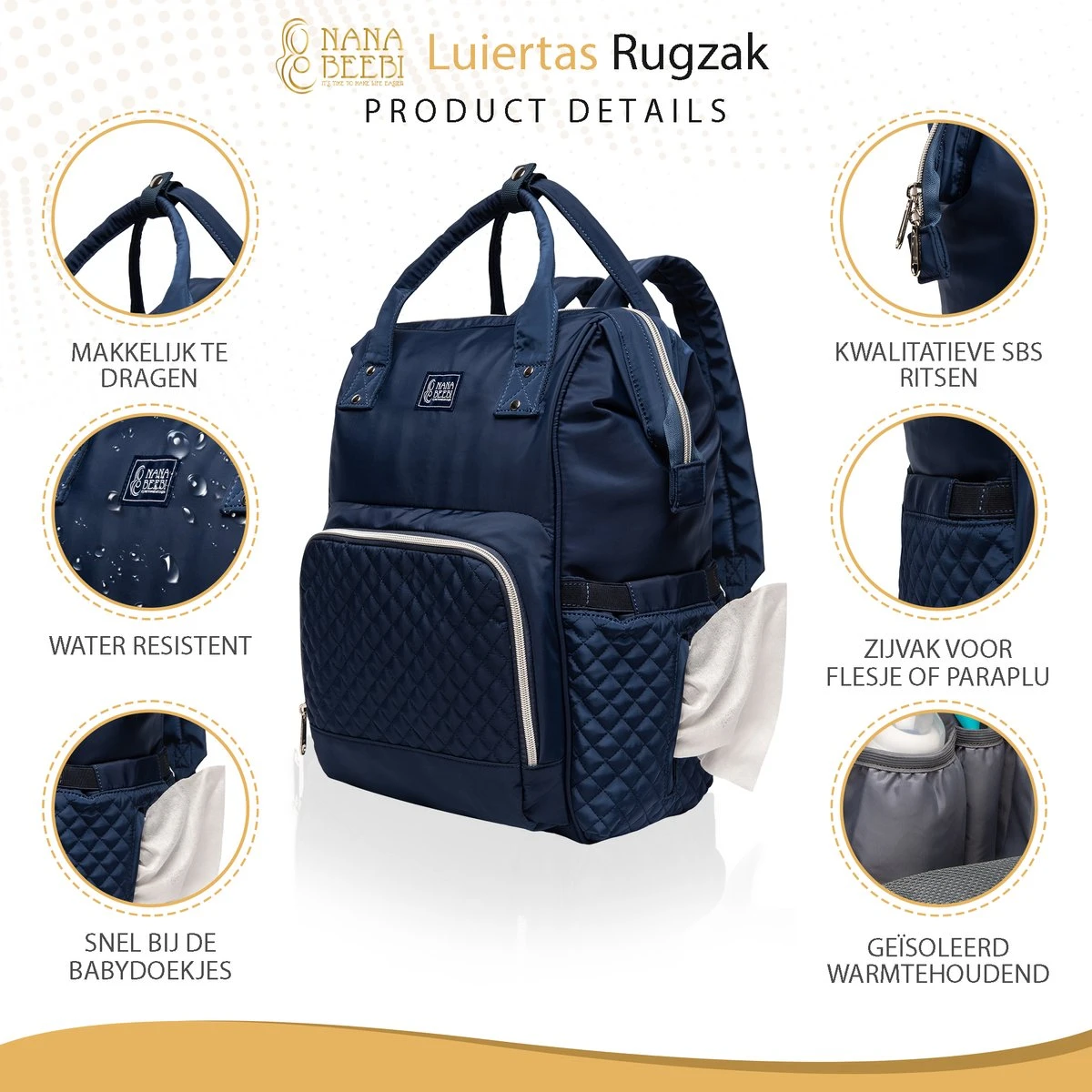 NanaBeebi Luiertas Rugzak Met Verschoonmatje - Blauw - Inclusief Flessenwarmhouder - Kinderwagenhaken En Isoleervak 2 NanaBeebi Luiertas Rugzak Met Verschoonmatje - Blauw - Inclusief Flessenwarmhouder - Kinderwagenhaken En Isoleervak - Afbeelding 2