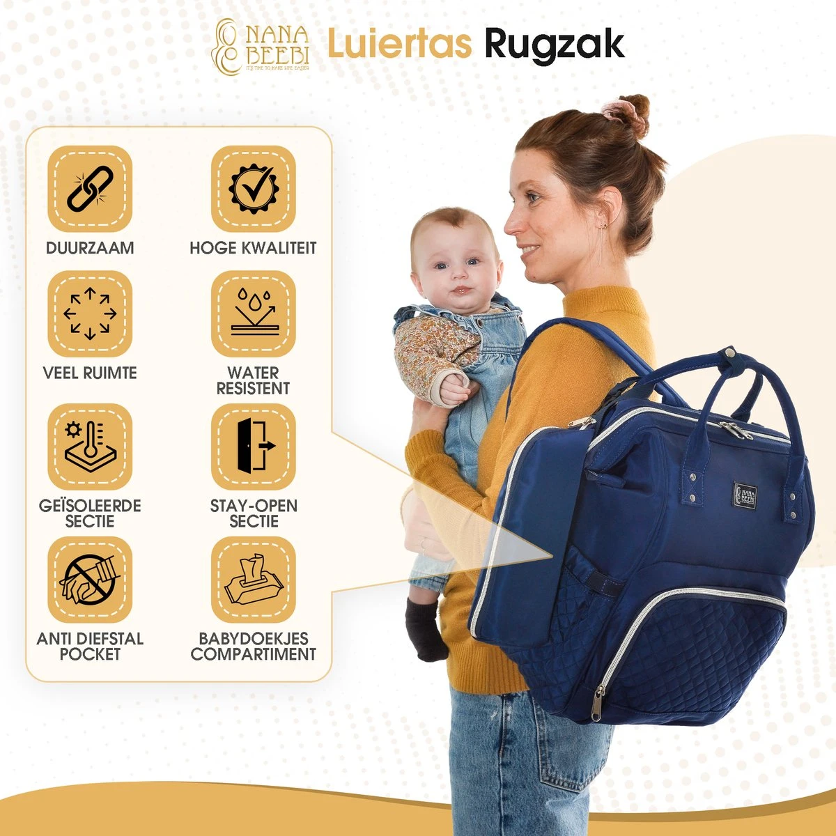 NanaBeebi Luiertas Rugzak Met Verschoonmatje - Blauw - Inclusief Flessenwarmhouder - Kinderwagenhaken En Isoleervak 3 NanaBeebi Luiertas Rugzak Met Verschoonmatje - Blauw - Inclusief Flessenwarmhouder - Kinderwagenhaken En Isoleervak - Afbeelding 3