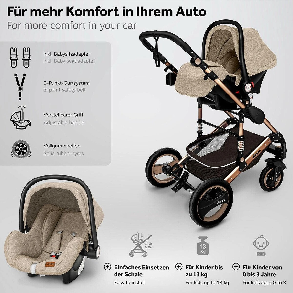 KIDUKU- 3 In 1 Combi-kinderwagen- Bruin/goud- Buggy Incl. Autostoeltje-regenhoes- Inklapbaar 2 KIDUKU- 3 In 1 Combi-kinderwagen- Bruin/goud- Buggy Incl. Autostoeltje-regenhoes- Inklapbaar - Afbeelding 2