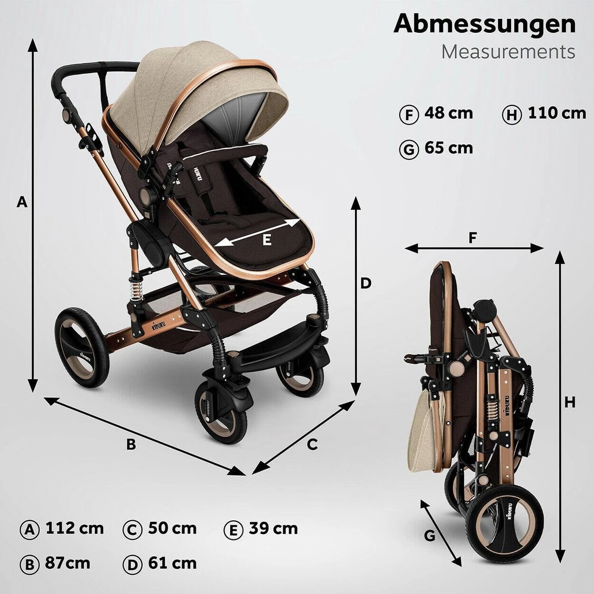 KIDUKU- 3 In 1 Combi-kinderwagen- Bruin/goud- Buggy Incl. Autostoeltje-regenhoes- Inklapbaar 7 KIDUKU- 3 In 1 Combi-kinderwagen- Bruin/goud- Buggy Incl. Autostoeltje-regenhoes- Inklapbaar - Afbeelding 7