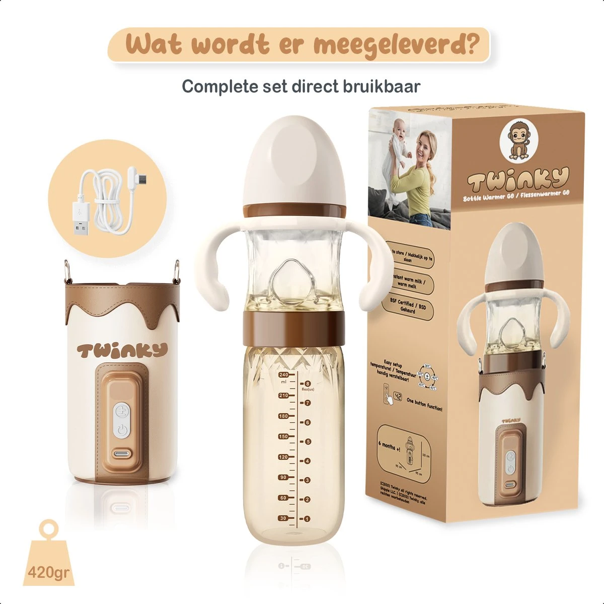 Twinky® Bottlewarmer GO – Draagbare Baby Flessenwarmer Voor Onderweg En Thuis – Incl. PPSU-Kwaliteit Babyflesje + Poederdoosje – USB-C Oplaadbaar 8 Twinky® Bottlewarmer GO – Draagbare Baby Flessenwarmer Voor Onderweg En Thuis – Incl. PPSU-Kwaliteit Babyflesje + Poederdoosje – USB-C Oplaadbaar - Afbeelding 8