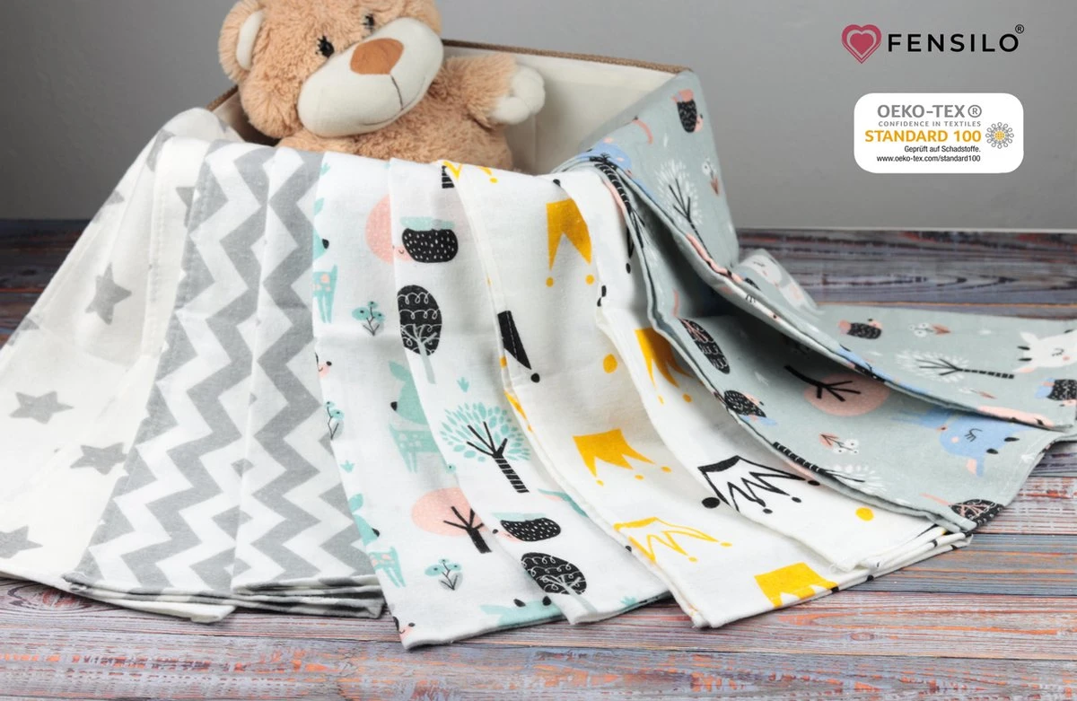 Spuugdoekjes – Monddoekjes – 10 Pack - Flanellen Doeken - Monddoekje 35x50cm – 100% Katoen – Fensilo – Spuugdoek Unisex – Wit – Dieren - Grijs - Flanellen Luiers 1 Spuugdoekjes – Monddoekjes – 10 Pack - Flanellen Doeken - Monddoekje 35x50cm – 100% Katoen – Fensilo – Spuugdoek Unisex – Wit – Dieren - Grijs - Flanellen Luiers