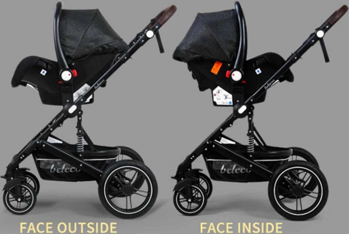 Belecoo - Luxe Kinderwagen - 3-in-1 Buggy - Opklapbare Wandelwagen - Autostoel - Wieg - Multifunctioneel - Zwart 2 Belecoo - Luxe Kinderwagen - 3-in-1 Buggy - Opklapbare Wandelwagen - Autostoel - Wieg - Multifunctioneel - Zwart - Afbeelding 2