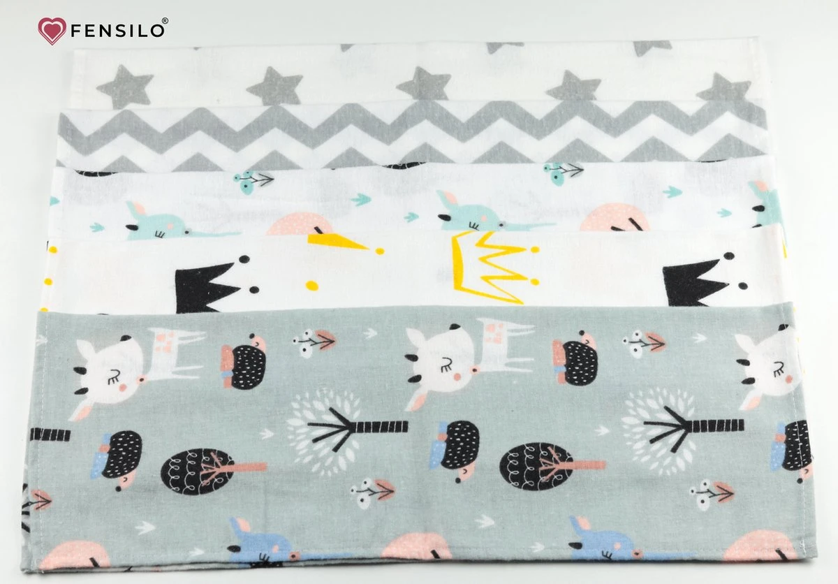 Spuugdoekjes – Monddoekjes – 10 Pack - Flanellen Doeken - Monddoekje 35x50cm – 100% Katoen – Fensilo – Spuugdoek Unisex – Wit – Dieren - Grijs - Flanellen Luiers 5 Spuugdoekjes – Monddoekjes – 10 Pack - Flanellen Doeken - Monddoekje 35x50cm – 100% Katoen – Fensilo – Spuugdoek Unisex – Wit – Dieren - Grijs - Flanellen Luiers - Afbeelding 5