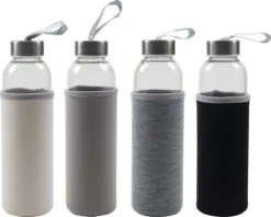 Glazen Fles - To Go - Inclusief Hoes - 500 ML - 4 Stuks