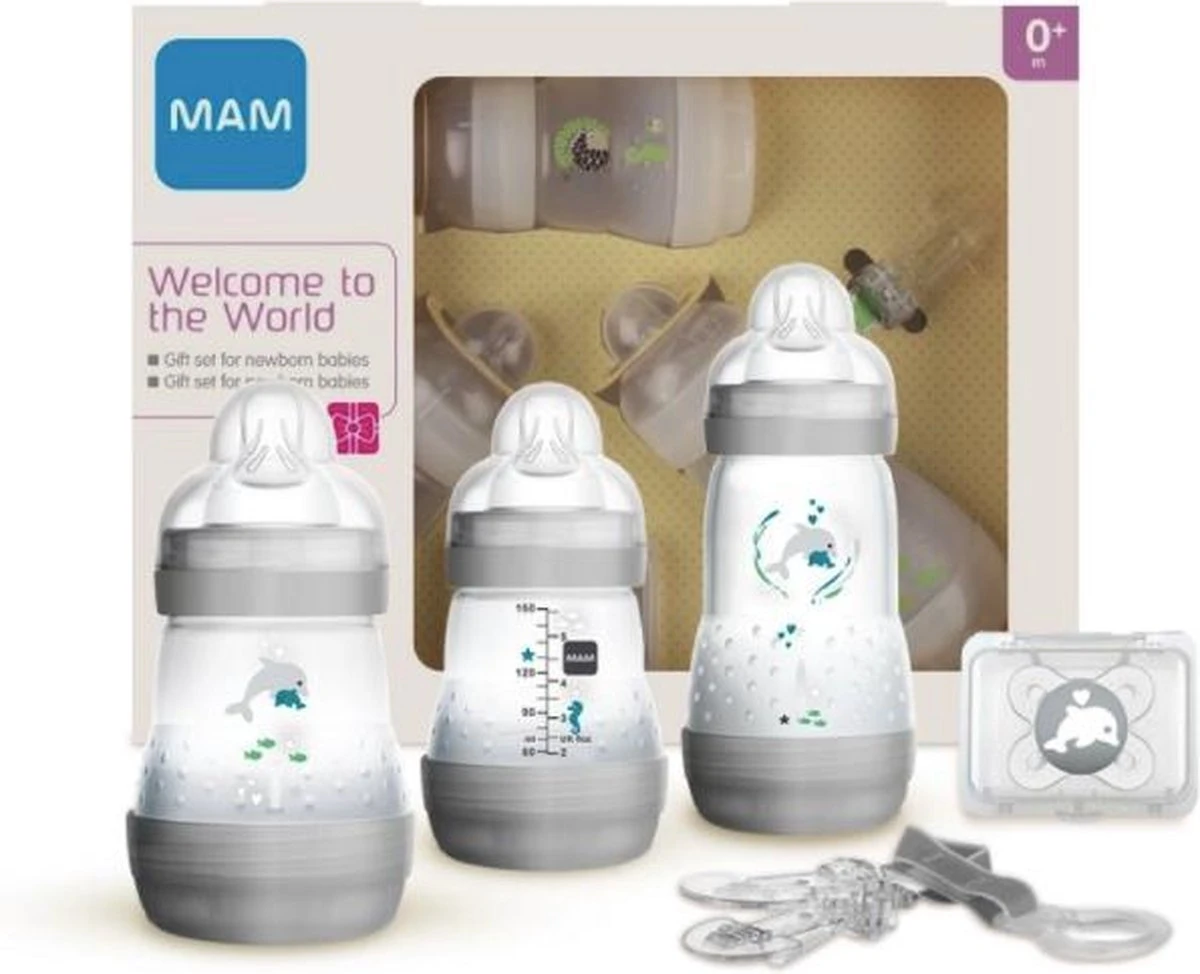 Mam Starter Set Grijs - 2x Anti-Colic Flesjes 160 Ml, 1 Flesje Anti-Colic 260 Ml, 1 Speen START, 1 Speenkoord 1 Mam Starter Set Grijs - 2x Anti-Colic Flesjes 160 Ml, 1 Flesje Anti-Colic 260 Ml, 1 Speen START, 1 Speenkoord