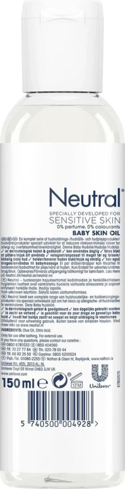 Neutral 0% Baby Huidolie Parfumvrij - 2 X 150 Ml - Voordeelverpakking -Babyproducten Winkel 307x1200