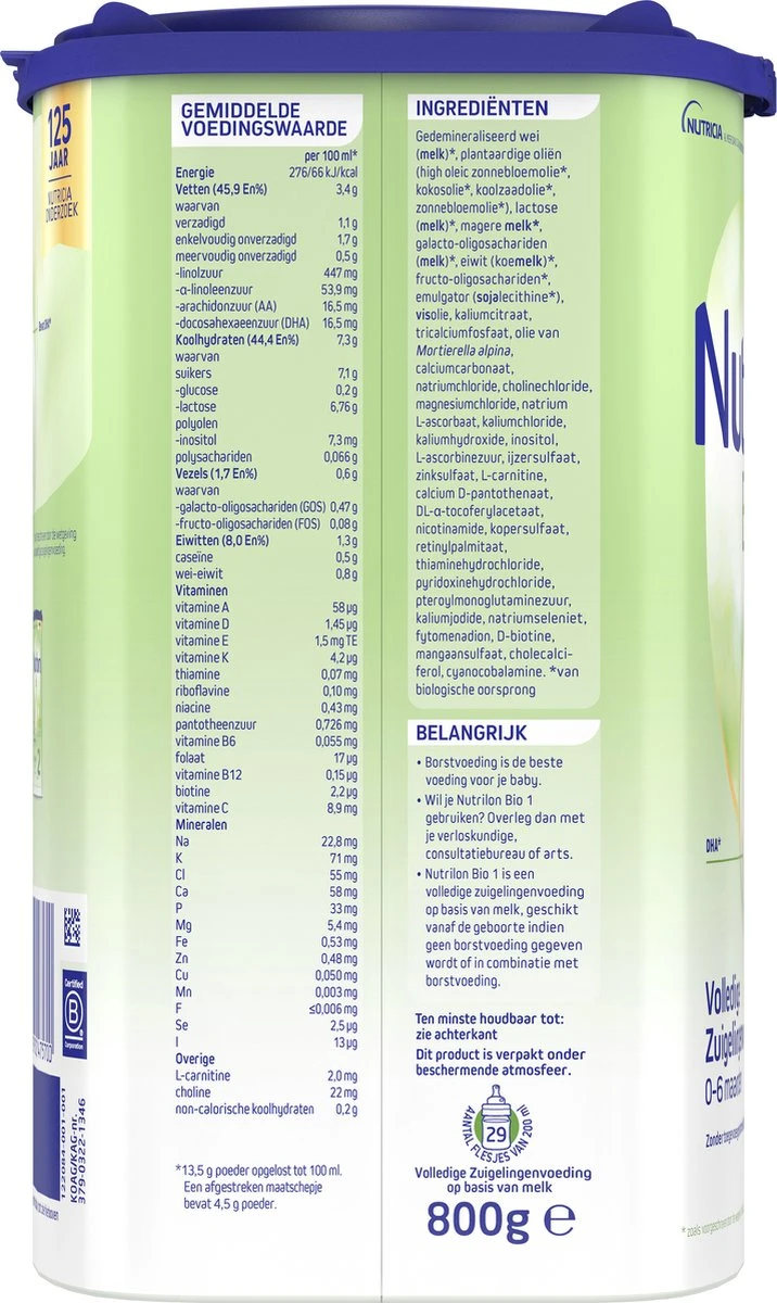 Nutrilon Bio 1 - Volledige Zuigelingenvoeding 0-6 Maanden - 800g - IE-ORG-02 4 Nutrilon Bio 1 - Volledige Zuigelingenvoeding 0-6 Maanden - 800g - IE-ORG-02 - Afbeelding 4