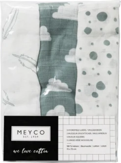 Meyco Clouds/Dots/Feathers Hydrofiele Doeken - 3-pack - Stone Green - 70x70cm