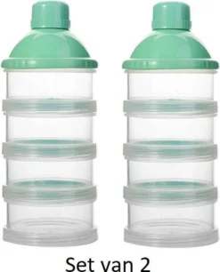 Merkloos Melkpoeder Doseerdoosje - Set Van 2 - BPA Vrij - Groen - 4 Lagen -Melkpoeder Toren - Babypoeder Bewaarbakje - Reisbox - Dispenser - Poedertoren