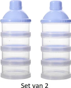 Merkloos Melkpoeder Doseerdoosje - Set Van 2 - BPA Vrij - Blauw - 4 Lagen -Melkpoeder Toren - Babypoeder Bewaarbakje - Reisbox - Dispenser - Poedertoren