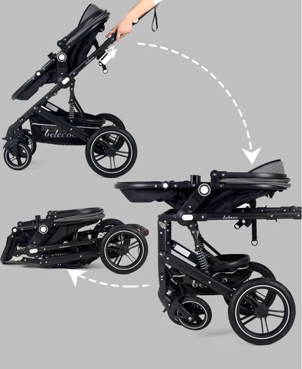 Belecoo - Luxe Kinderwagen - 3-in-1 Buggy - Opklapbare Wandelwagen - Autostoel - Wieg - Multifunctioneel - Zwart 7 Belecoo - Luxe Kinderwagen - 3-in-1 Buggy - Opklapbare Wandelwagen - Autostoel - Wieg - Multifunctioneel - Zwart - Afbeelding 7